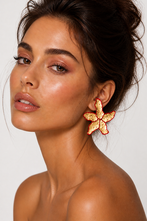 Model wearing Fendleigh Laurelle Alessandra flower statement earrings lifestyle shot