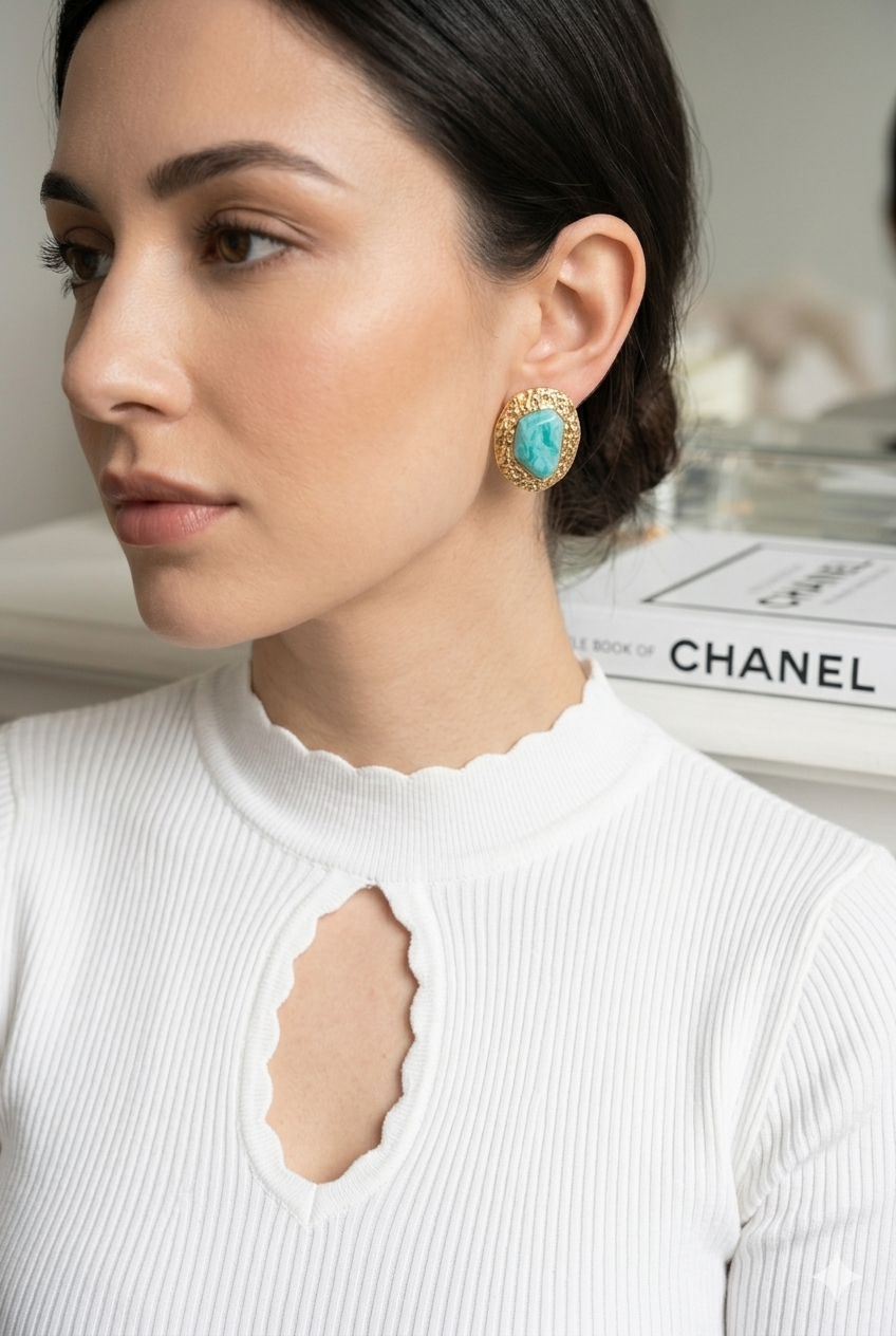 Model wearing Fendleigh Laurelle Céline St.Tropez earrings lifestyle shot