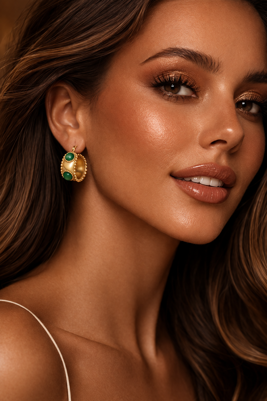 Model wearing Fendleigh Laurelle Chloé Agate hoop earrings lifestyle shot