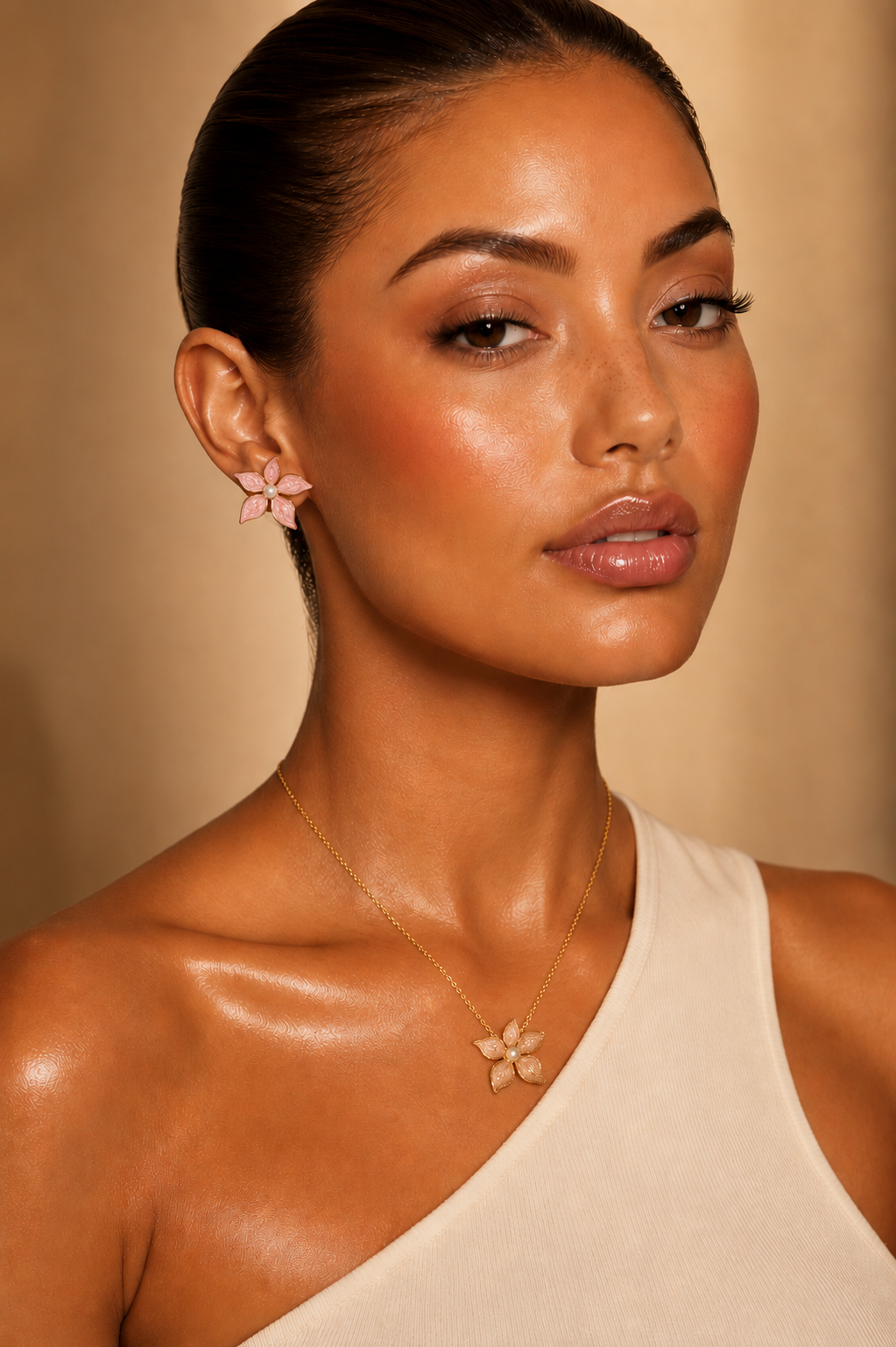Model wearing Fendleigh Laurelle flower drop earrings lifestyle shot