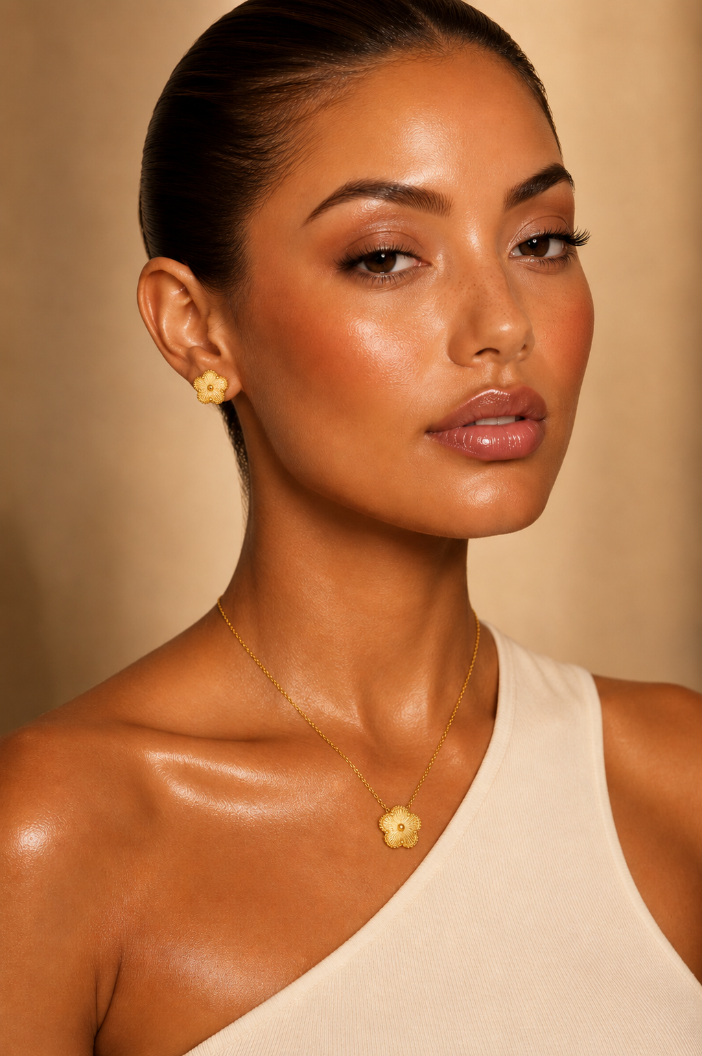 Model wearing Fendleigh Laurelle Celestia and Solana flower jewelry lifestyle