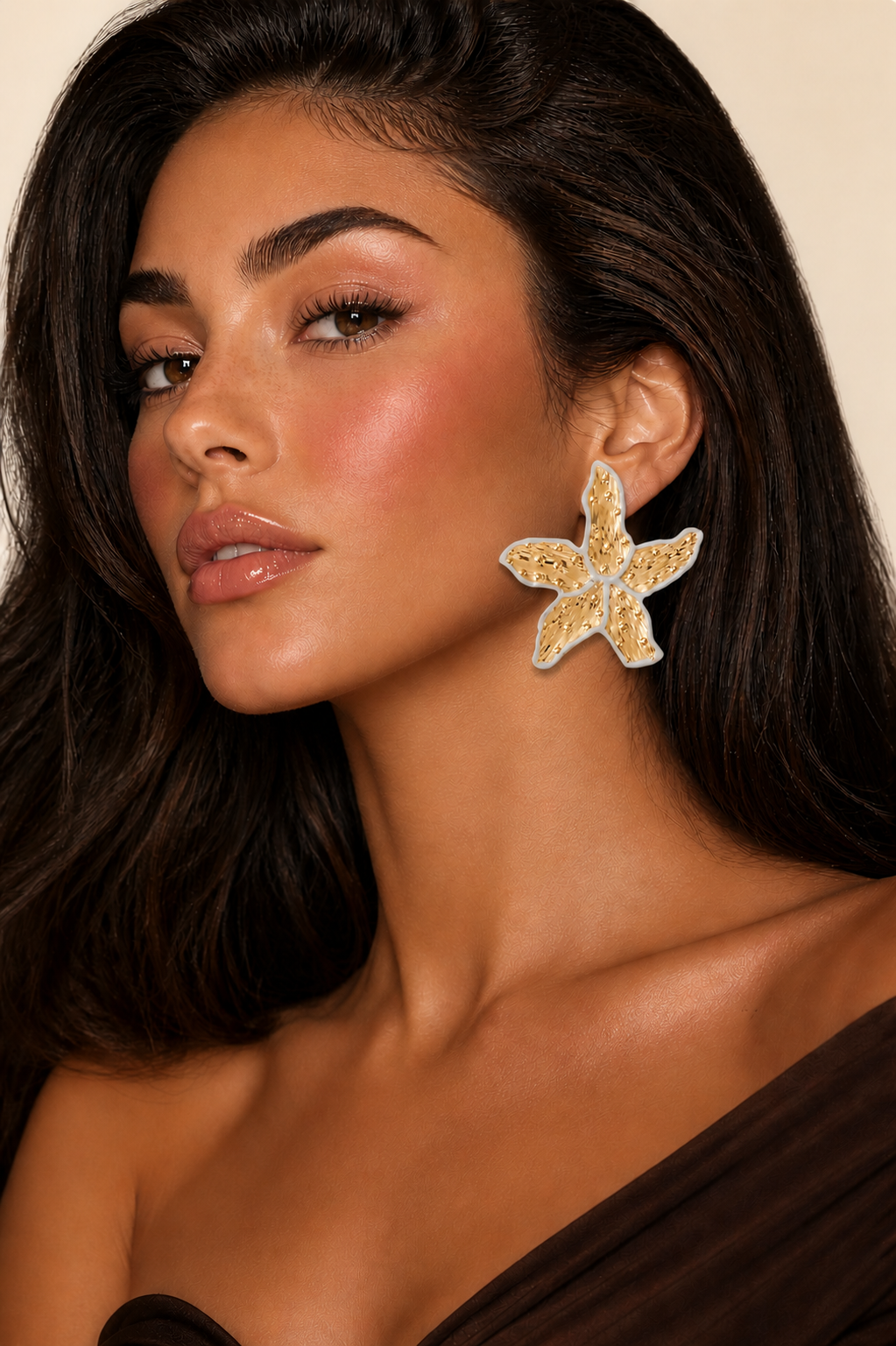 Model wearing Fendleigh Laurelle Paloma flower statement earrings lifestyle shot