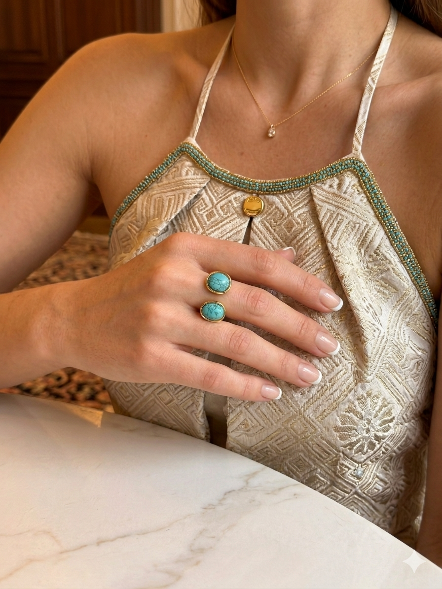 Model wearing Fendleigh Laurelle Penelope turquoise ring lifestyle shot
