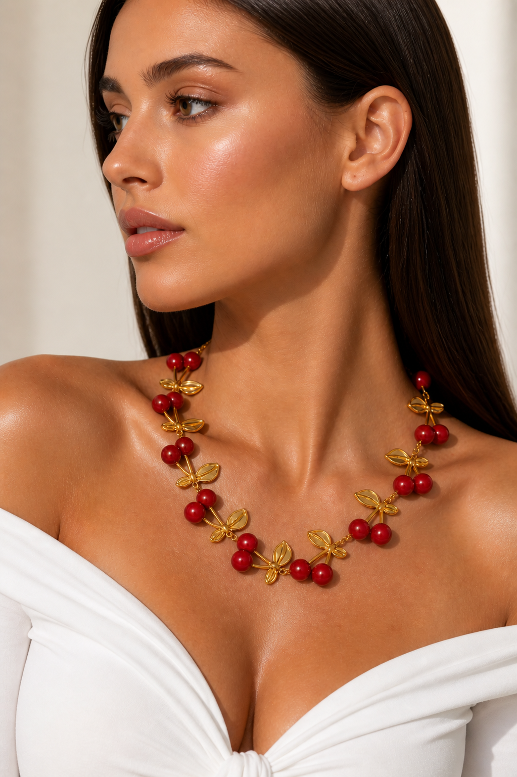 Model wearing Fendleigh Laurelle Pia Cherry necklace lifestyle shot